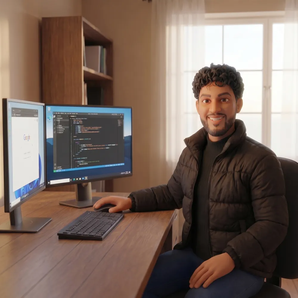 Illustrated portrait of Harrez Aliane at his desk