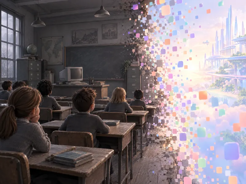 An old grey classroom dissolving into colourful pixels