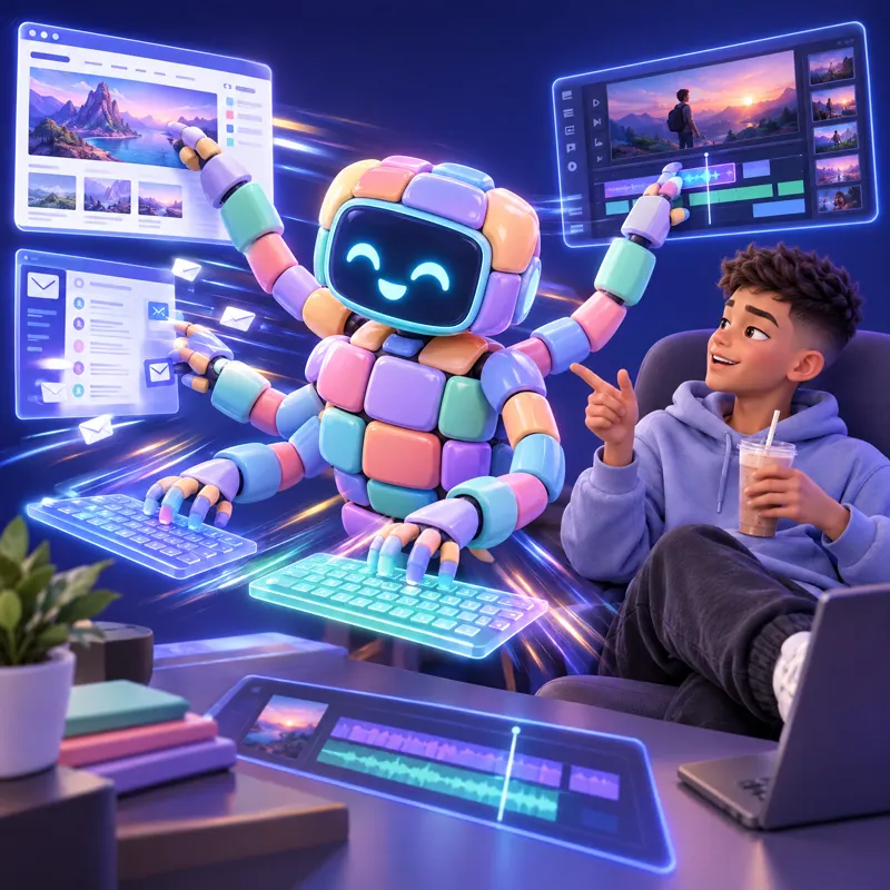 A friendly AI helper made of pastel tiles building a website, editing video and sending emails at once, while a student directs it