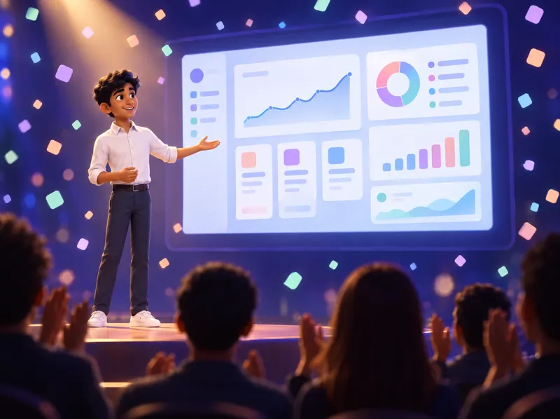 A student presenting the app he built on stage while the audience applauds